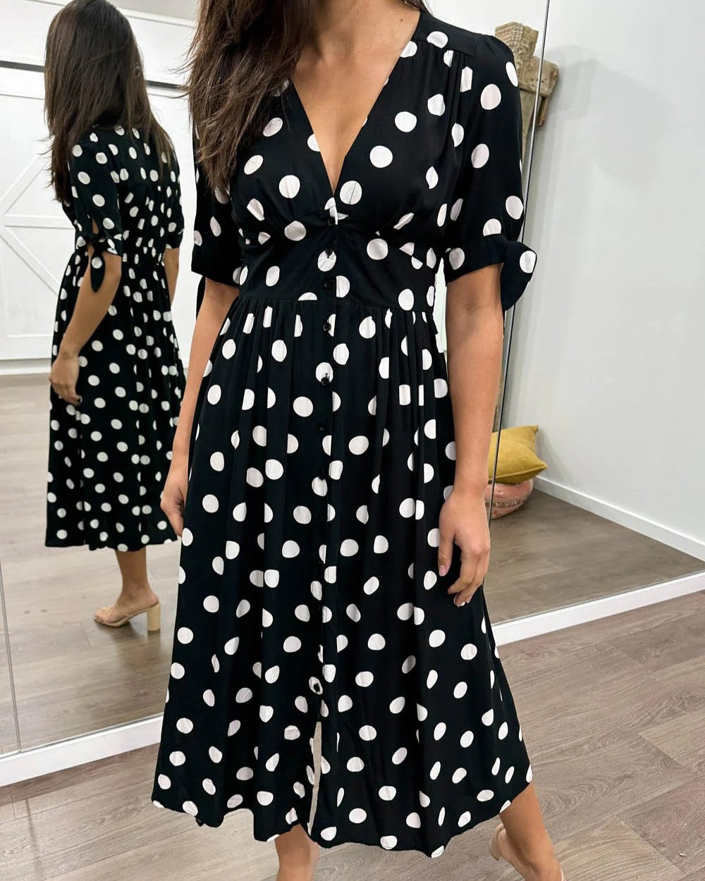 Women's Polka Dot V-Neck Midi Dress with Tie-Sleeve
