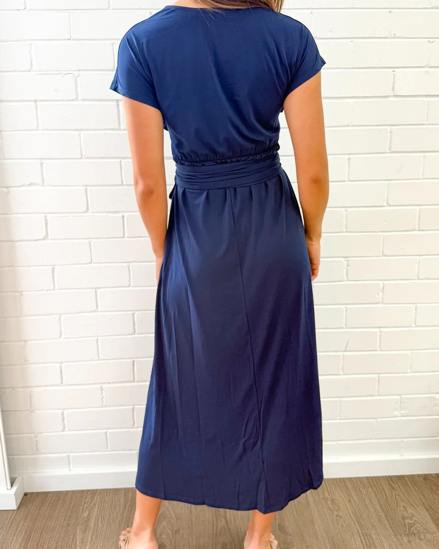 Women's Wrap V-Neck Midi Dress with Self-Tie Belt