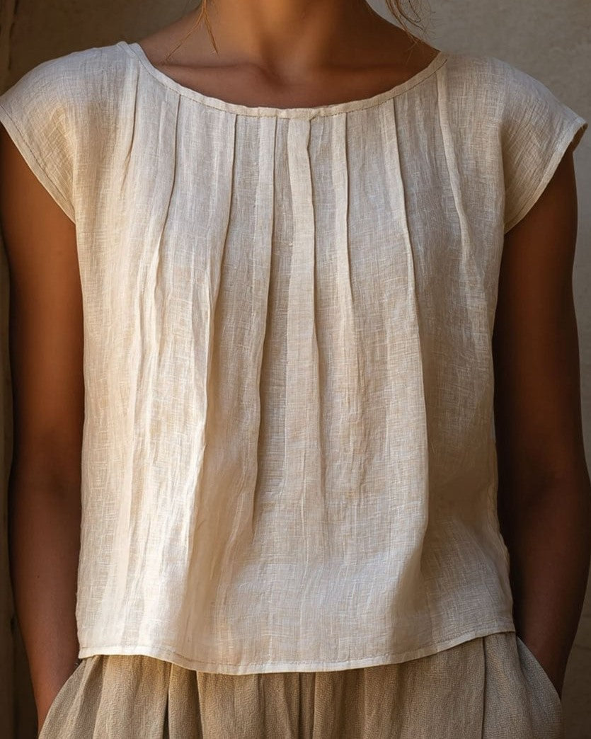 Women's Beige Linen Pleated Cap-Sleeve Blouse