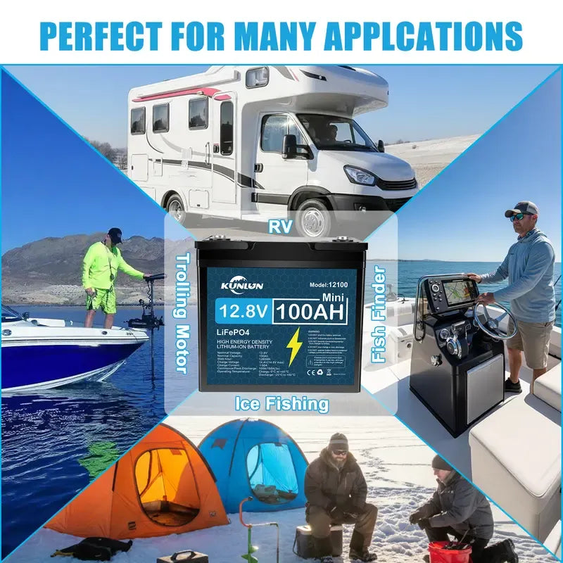 KUNLUN 12V 100Ah LiFePO4 Battery – 100A Smart BMS, 1280Wh Deep Cycle