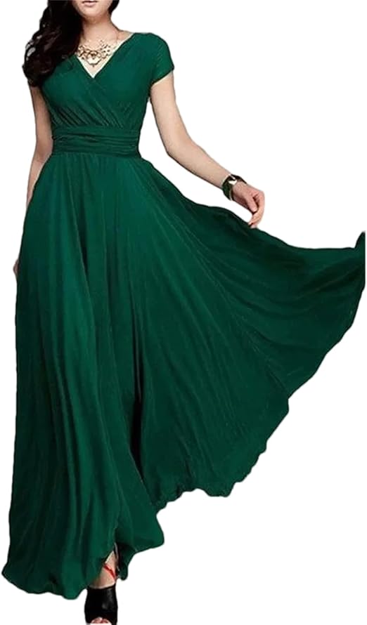 V-Neck Short-Sleeve Bohemian Chiffon Dress - Cinched Waist Tummy-Control Flowy Dress