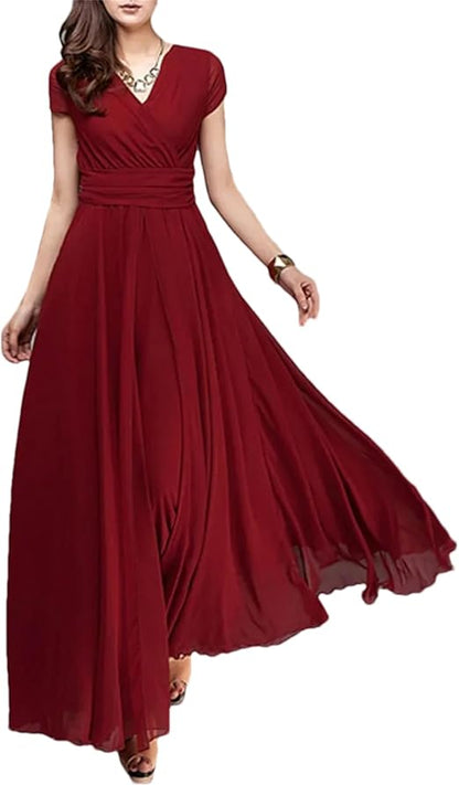 V-Neck Short-Sleeve Bohemian Chiffon Dress - Cinched Waist Tummy-Control Flowy Dress