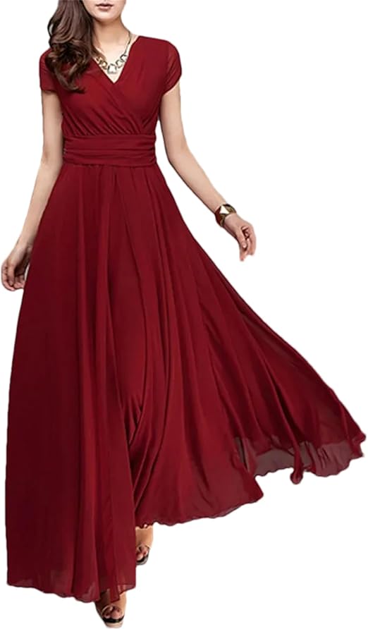 V-Neck Short-Sleeve Bohemian Chiffon Dress - Cinched Waist Tummy-Control Flowy Dress