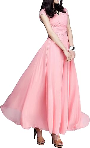 V-Neck Short-Sleeve Bohemian Chiffon Dress - Cinched Waist Tummy-Control Flowy Dress