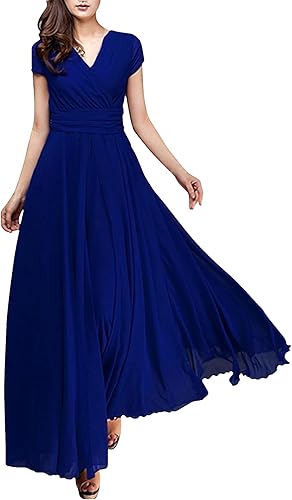 V-Neck Short-Sleeve Bohemian Chiffon Dress - Cinched Waist Tummy-Control Flowy Dress