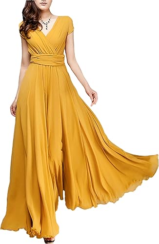 V-Neck Short-Sleeve Bohemian Chiffon Dress - Cinched Waist Tummy-Control Flowy Dress