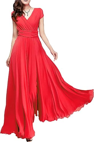 V-Neck Short-Sleeve Bohemian Chiffon Dress - Cinched Waist Tummy-Control Flowy Dress