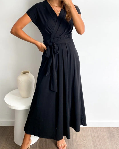 Women's Wrap V-Neck Midi Dress with Self-Tie Belt