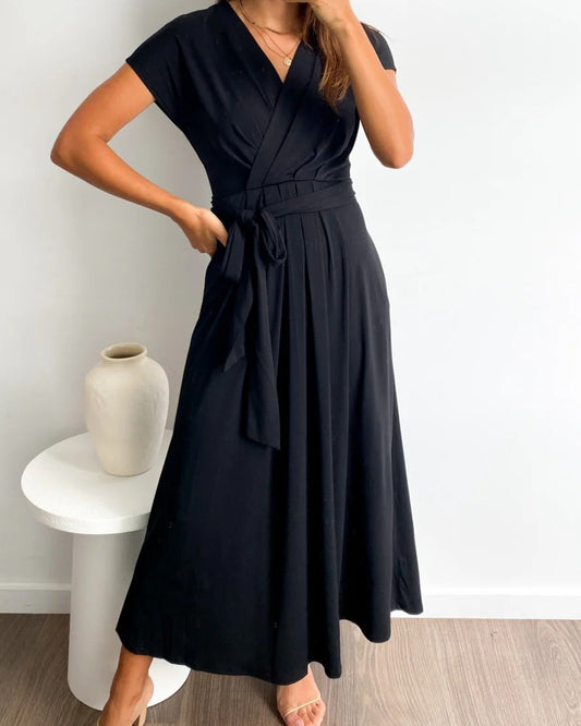 Women's Wrap V-Neck Midi Dress with Self-Tie Belt