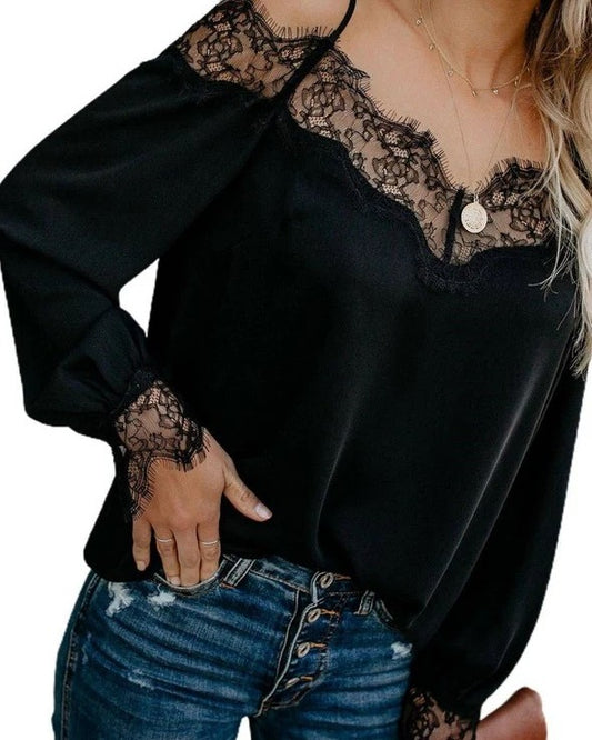 Women's Black Lace-Trimmed Off-Shoulder Long-Sleeve Blouse