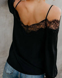 Women's Black Lace-Trimmed Off-Shoulder Long-Sleeve Blouse