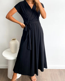 Women's Wrap V-Neck Midi Dress with Self-Tie Belt