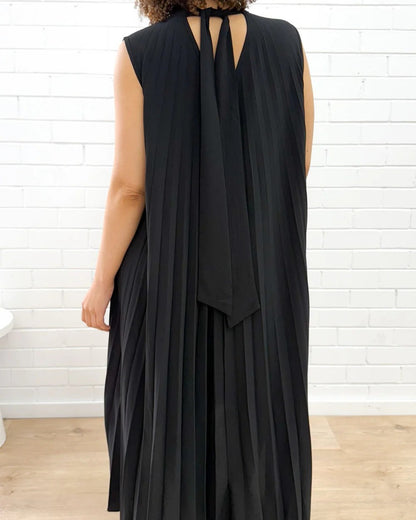 Women's Black Pleated High-Neck Maxi Dress with Open Back Tie