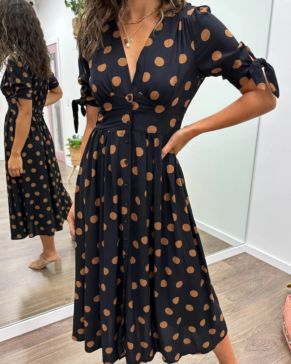 Women's Polka Dot V-Neck Midi Dress with Tie-Sleeve