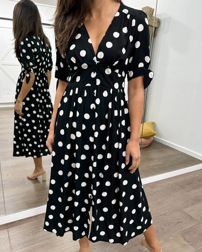 Women's Polka Dot V-Neck Midi Dress with Tie-Sleeve