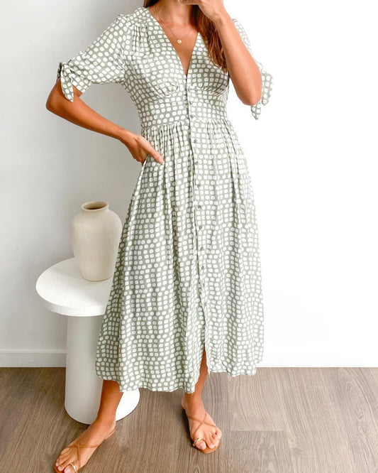 Women's Polka Dot V-Neck Midi Dress with Tie-Sleeve