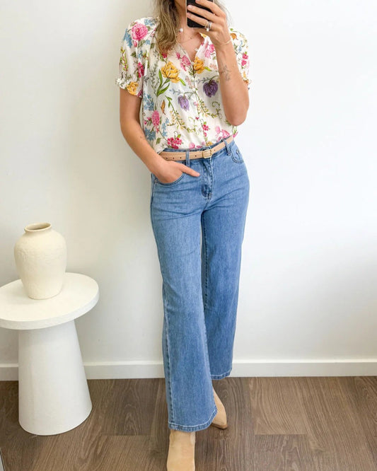 Women's Floral Print Short-Sleeve Button-Down Blouse