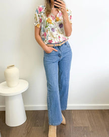 Women's Floral Print Short-Sleeve Button-Down Blouse