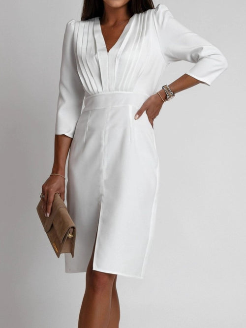 Elegant and casual solid color V-neck pleated three-quarter sleeve slit high-waisted dress