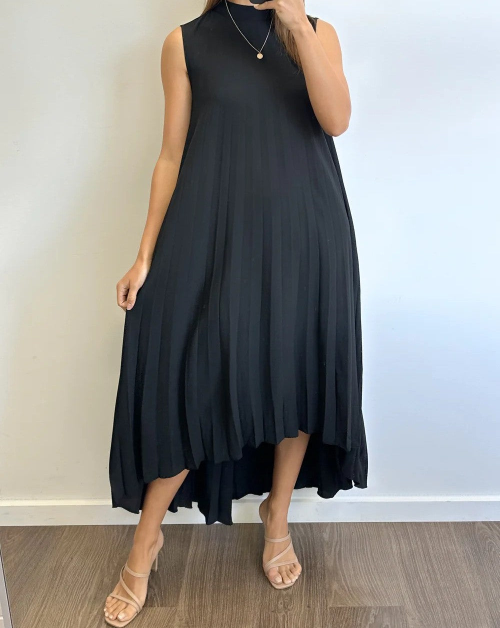 Women's Black Pleated High-Neck Maxi Dress with Open Back Tie