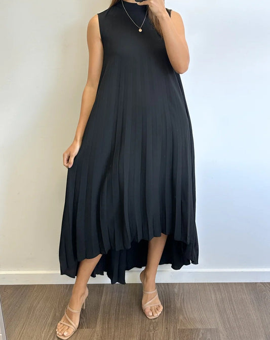 Women's Black Pleated High-Neck Maxi Dress with Open Back Tie