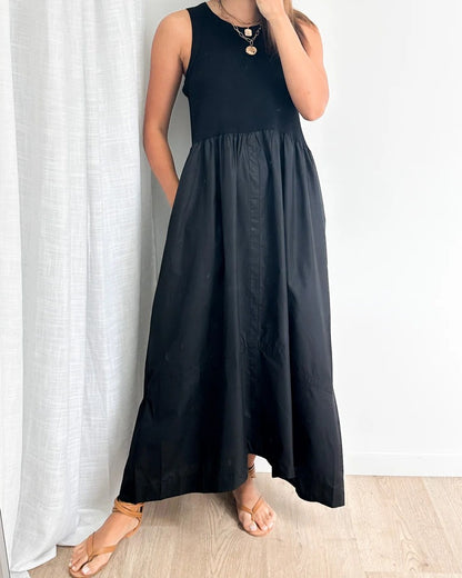 Women's Sleeveless Knit-Bodice Maxi Dress with Flared Skirt