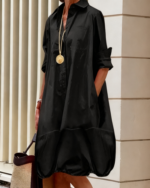 Women's Black Oversized Shirt Dress with Balloon Hem