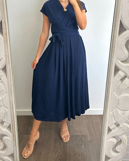 Women's Wrap V-Neck Midi Dress with Self-Tie Belt
