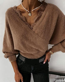 Women's Lace-Trimmed Wrap V-Neck Fuzzy Sweater