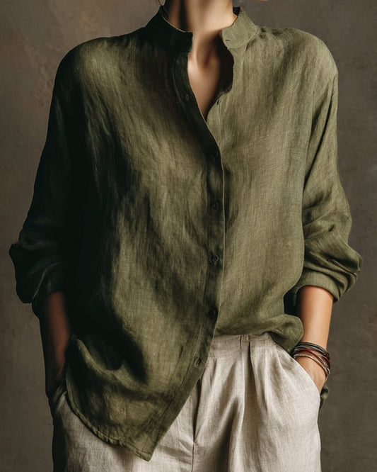 Women's Olive Green Linen Mandarin Collar Long-Sleeve Shirt
