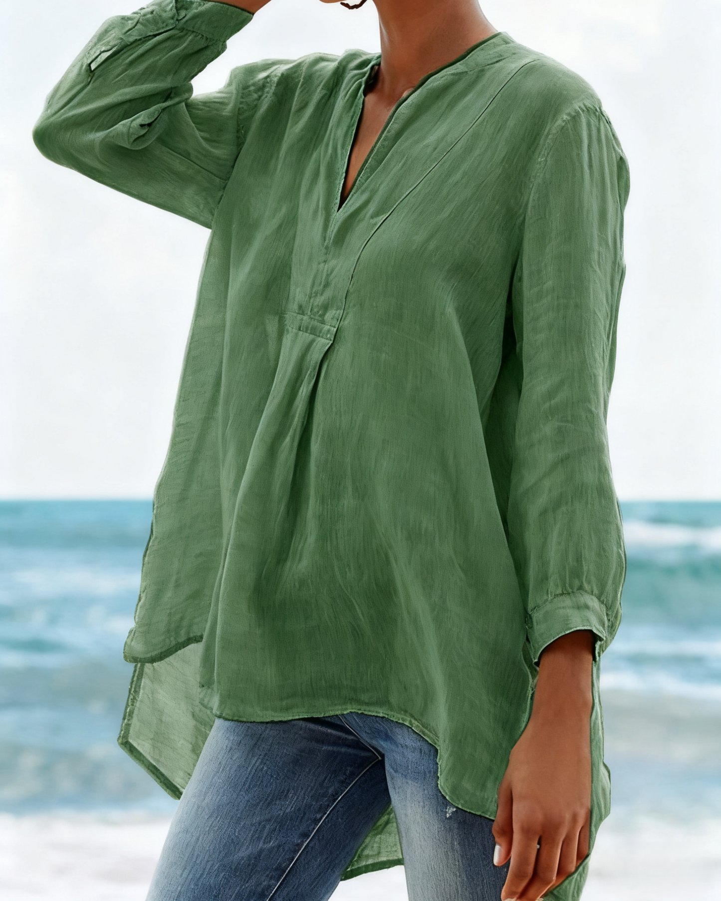 Women's Linen V-Neck Long-Sleeve Tunic Top