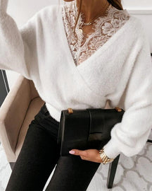 Women's Lace-Trimmed Wrap V-Neck Fuzzy Sweater