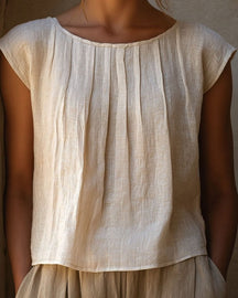 Women's Beige Linen Pleated Cap-Sleeve Blouse