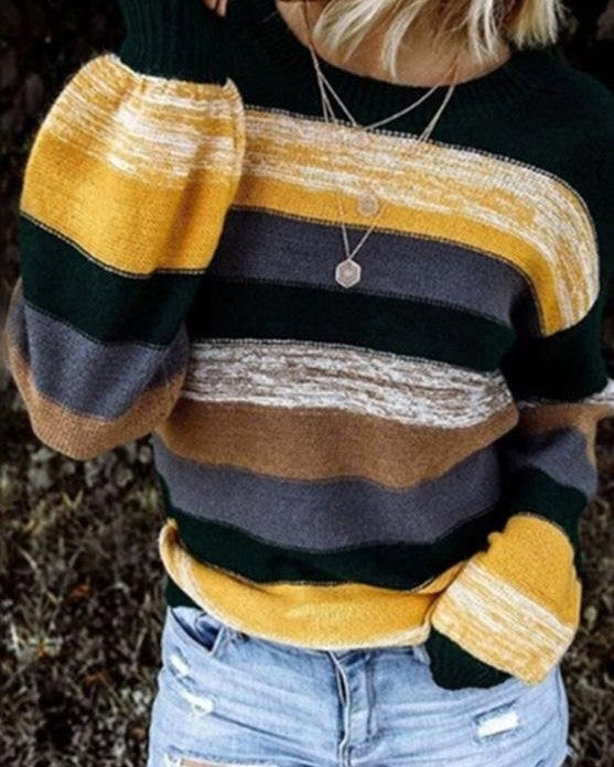Women's Striped Color-Block Puff-Sleeve Sweater